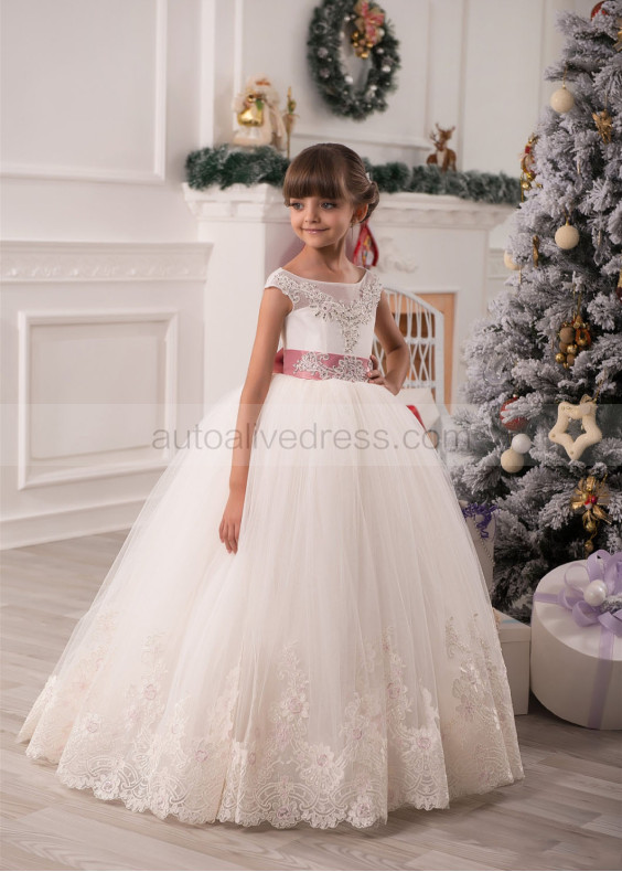 Beaded Lace Tulle Keyhole Corset Back Long Flower Girl Dress